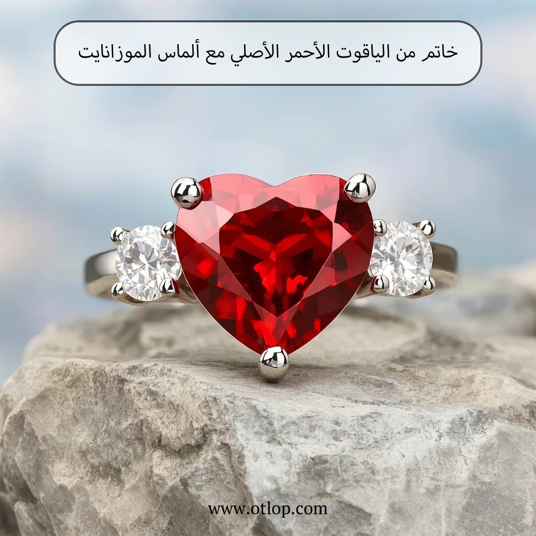 خاتم  بفص الياقوت الاحمر الأصلي، مع ألماس الموزانايت والفضة المطليه بالذهب الأبيض ، هدية للنساء، مجوهرات - كود 9092