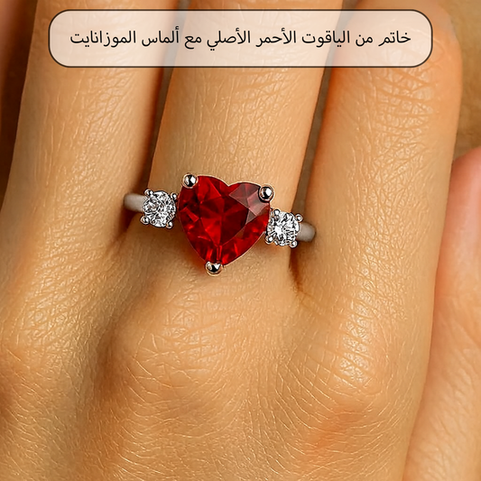 خاتم  بفص الياقوت الاحمر الأصلي، مع ألماس الموزانايت والفضة المطليه بالذهب الأبيض ، هدية للنساء، مجوهرات - كود 9092