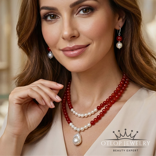عقد وحلق من اللؤلؤ الطبيعي والعقيق الأحمر لسيدات المجتمع الراقي- كود 1307