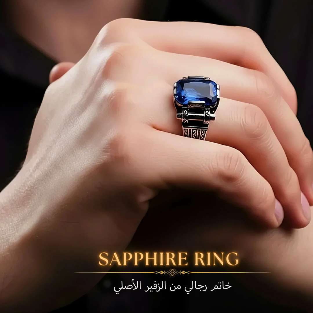 خاتم رجالي تركي يدوي ، فضة عيار 925 بحجر زفير أزرق كبير ، هدية فاخرة ، مجوهرات راقية- كود 986