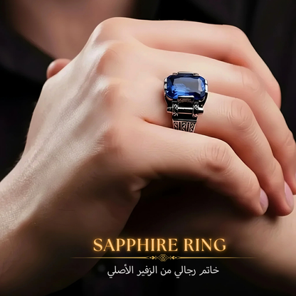 خاتم رجالي تركي يدوي ، فضة عيار 925 بحجر زفير أزرق كبير ، هدية فاخرة ، مجوهرات راقية- كود 986