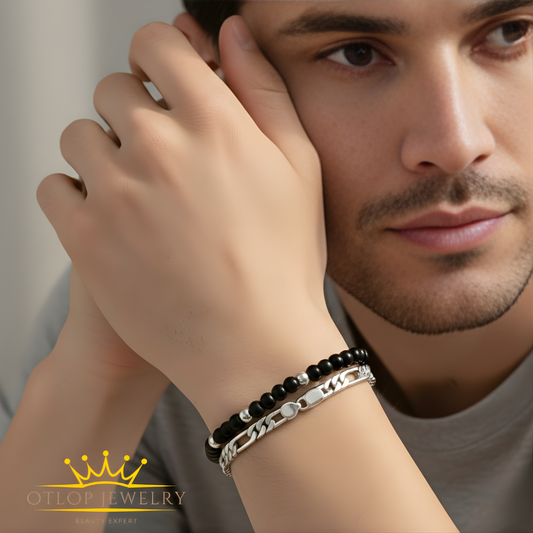 إنسيال فيجارو ستانلس مع عقيق أونكس أصلي، للجنسين- كود 07056