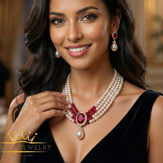 عقد أربع طبقات من اللؤلؤ الطبيعي والمرجان البحري مع بروش 20 قيراط من الياقوت الأصلي كود 5021