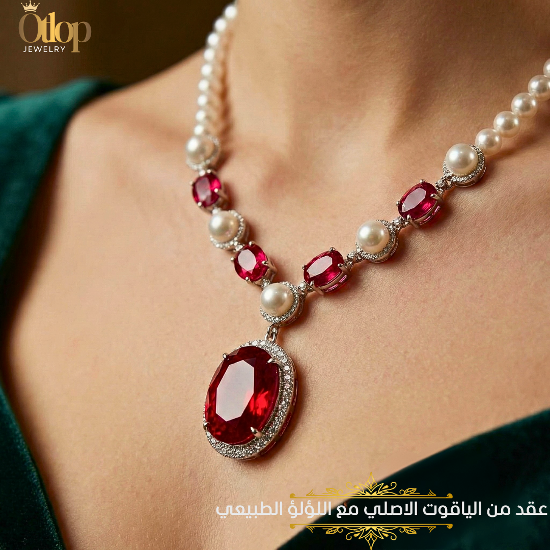 عقد من الألماس واللؤلؤ الطبيعي مع الياقوت الأحمر الاصلي  - كود 1110