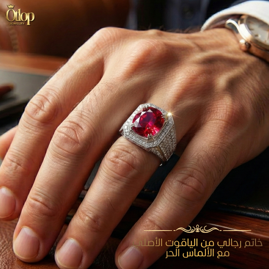 خاتم بحجر رئيسي من الياقوت الأصلي ومرصع بالالماس الحر ، للرجال ، هدية فاخرة ، مجوهرات راقية- كود 81091