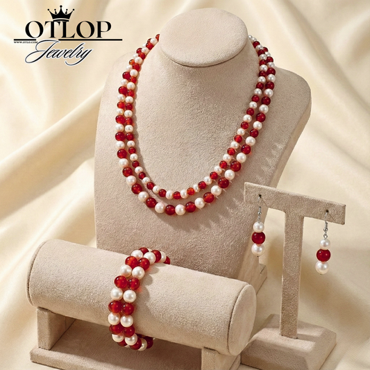 طقم كامل حلق وسلسله وخاتم من اللؤلؤ الطبيعي مع العقيق الأحمر - كود 9973
