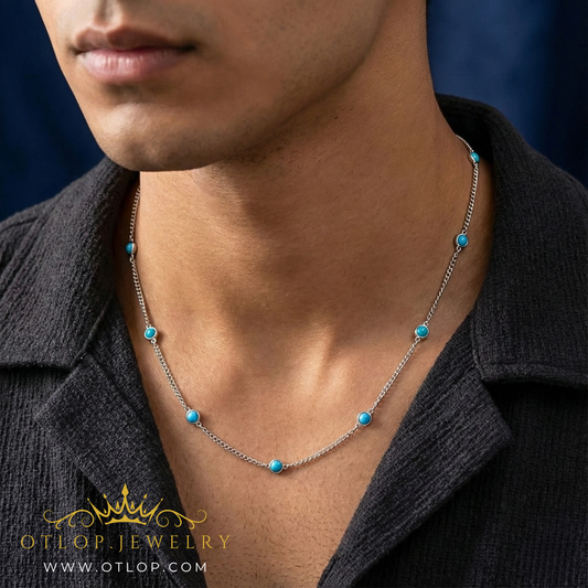سلسله للجنسين من الفضة الاسترليني الفاخر مع حجر الفيروز الكريم - كود 8103