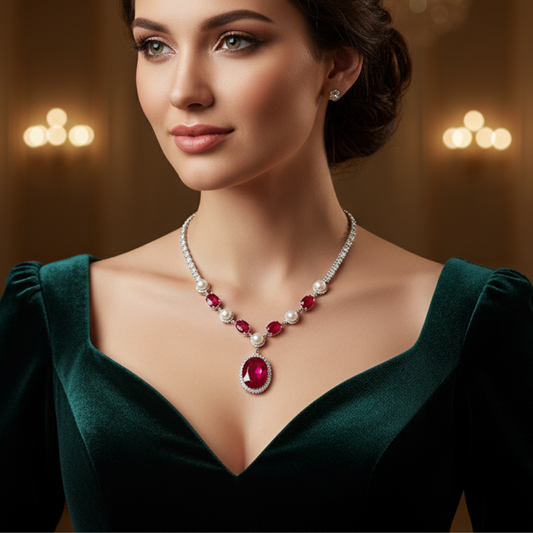 عقد من  الياقوت الأحمر الاصلي  مع اللؤلؤ الطبيعي والألماس - كود 1100