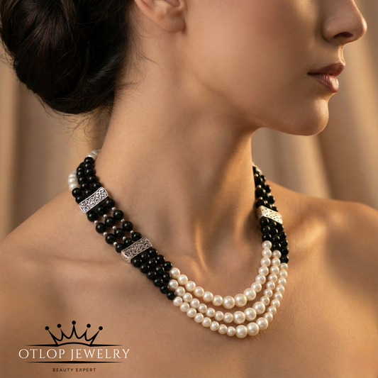 عقد مزدوج من اللؤلؤ الطبيعي الأبيض مع عقيق أونكس أصلي، هدية فاخرة ، مجوهرات راقية- كود 9810