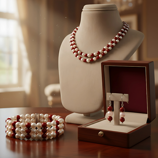 طقم كامل حلق وسلسله وخاتم من اللؤلؤ الطبيعي مع العقيق الأحمر، هدية فاخرة للنساء، مجوهرات راقية- كود 9798
