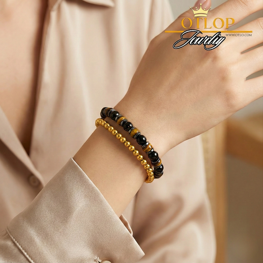 أسورتين للجنسين، من عقيق تايجر آي أصلي مع حجر أونكس طبيعي- كود 04050