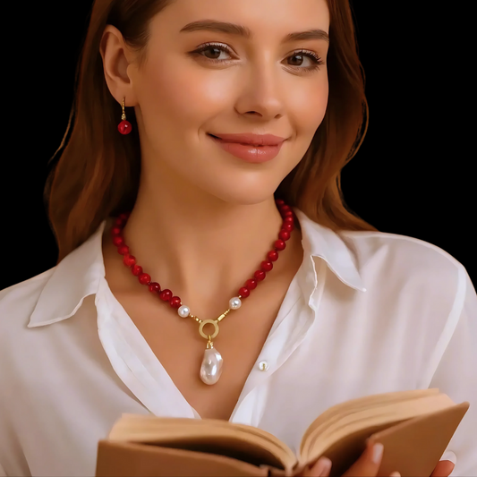 عقد وحلق من المرجان البحري الأحمر مع  اللؤلؤ الطبيعي الماجنوم  - كود 299