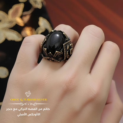 خاتم فضة 925 تركي يدوي بتصميم ملكي وحجر أونكس-كود 3698