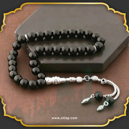 سبحة من العقيق الجزع اليمني الأسود  33 حبه و 99 حبه مع الفضه التركي أو مع الاستانلس ستيل - كود 1150