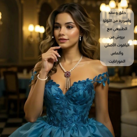 عقد وحلق واسورة من اللؤلؤ الطبيعي مع بروش من الياقوت الأصلي وألماس الموزانايت - كود 6158