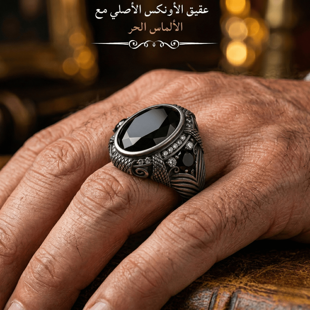 خاتم رجالي أونكس  مطلي باللون الأسود مرصع بألماس حر / فضة ٩٢٥ - كود 3210