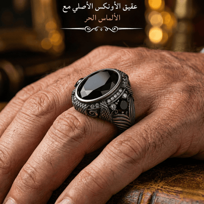 خاتم رجالي أونكس  مطلي باللون الأسود مرصع بألماس حر / فضة ٩٢٥ - كود 3210