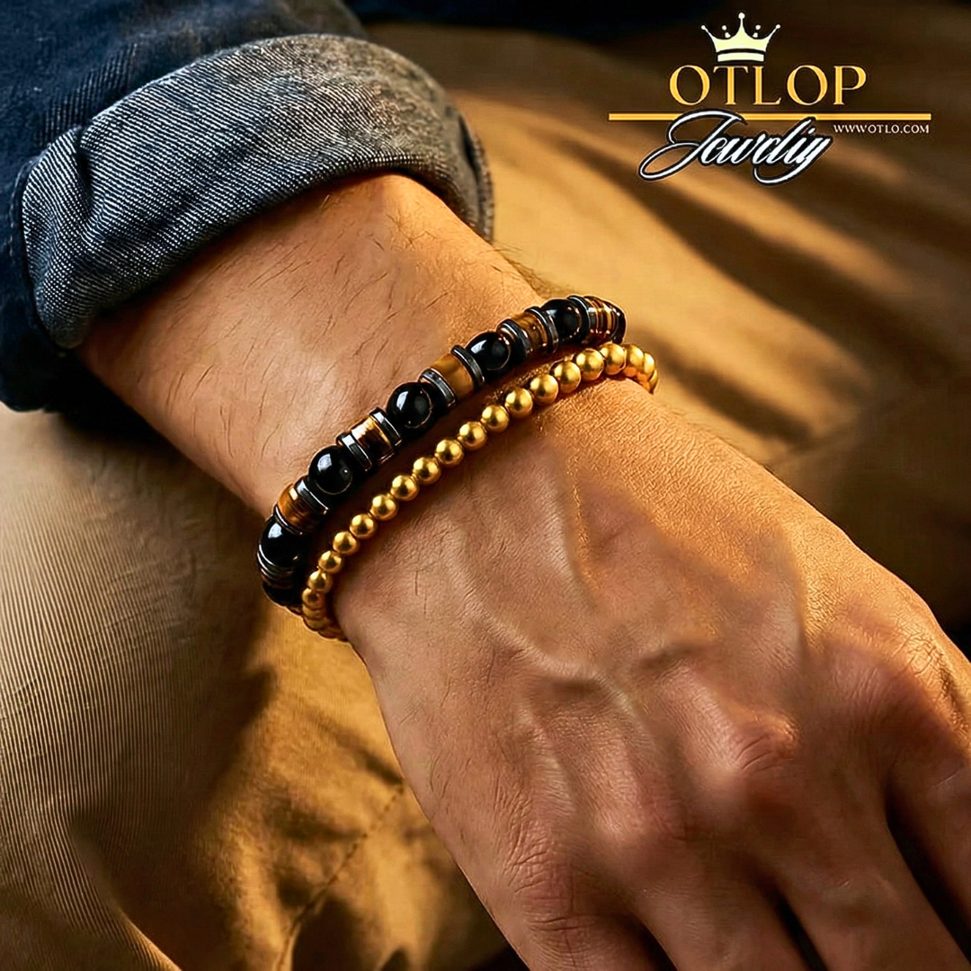 أسورتين للجنسين، من عقيق تايجر آي أصلي مع حجر أونكس طبيعي- كود 04050