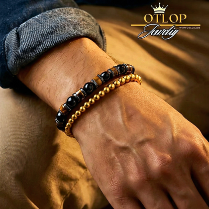 أسورتين للجنسين، من عقيق تايجر آي أصلي مع حجر أونكس طبيعي- كود 04050