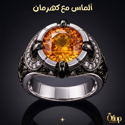 خاتم بتصميم إيطالي بحجر كهرمان ومرصع بالألماس - كود 810115