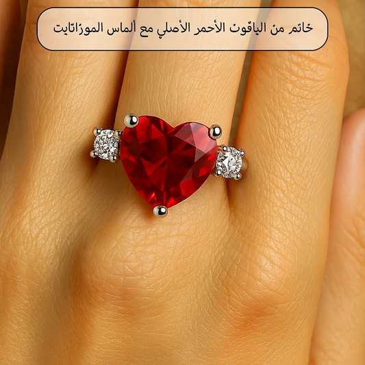 خاتم  بفص الياقوت الاحمر الأصلي، مع ألماس الموزانايت والفضة المطليه بالذهب الأبيض ، هدية للنساء، مجوهرات - كود 9092