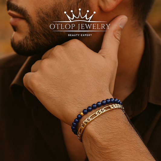 إنسيال فيجارو ستانلس بطلاء ذهبي مع عقيق أزرق أصلي، للجنسين- كود 07006