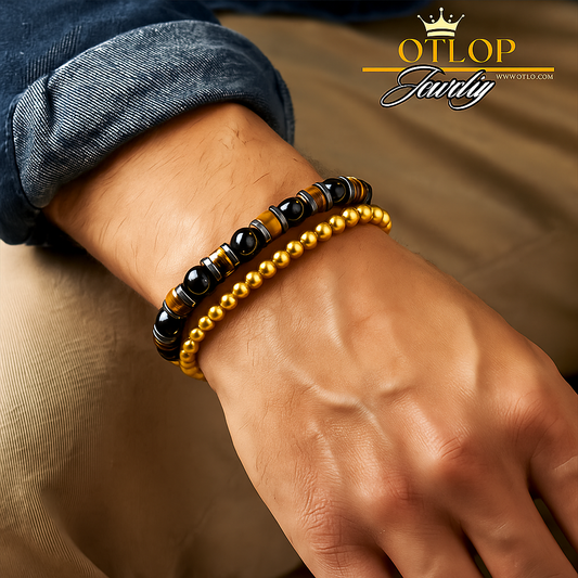 أسورتين للجنسين، من عقيق تايجر آي أصلي مع حجر أونكس طبيعي- كود 04050