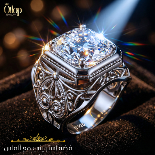 خاتم رجالي بتصميم إيطالي مع حجر رئيسي 14 مل من الكيوبك زيركونيا شبيه الماس- كود 99981