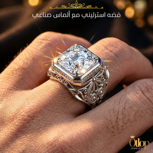 خاتم رجالي بتصميم إيطالي مع حجر رئيسي 14 مل من الكيوبك زيركونيا شبيه الماس- كود 99981