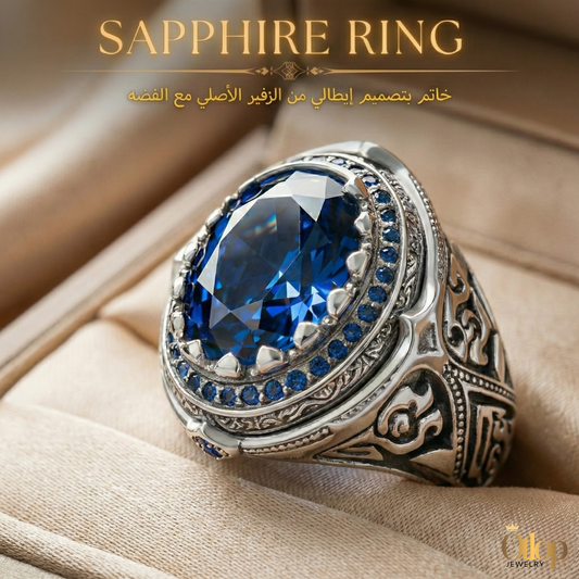 خاتم رجالي بتصميم إيطالي من الزفير الأصلي مع الفضه المطليه بالبلاتين ، للرجال ، هدية فاخرة ، مجوهرات راقية- كود 8191