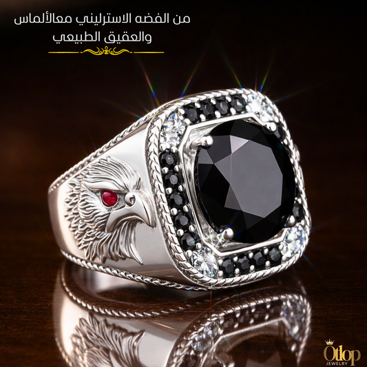 خاتم رجالي فاخر بتصميم تركي من حجر الاونكس الاصلي مع ألماس الموزانايت مع فضة استرليني عيار 925 مطلية بالذهب الابيض - كود 40818