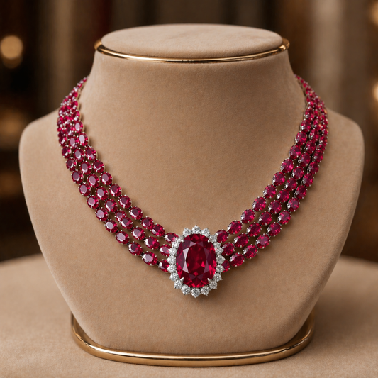 عقد ثلاث طبقات من الياقوت الأصلي مع الألماس الحر - كود 6565