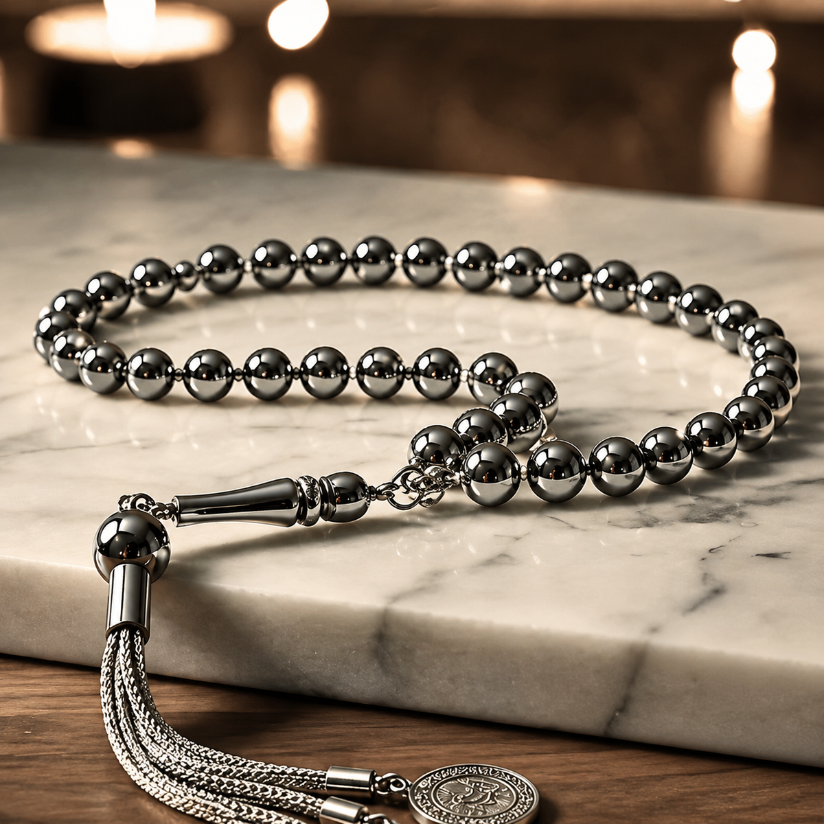سبحة هيماتايت طبيعي بلون الفضة - كود 1380