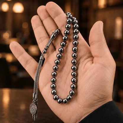 سبحة هيماتايت طبيعي بلون الفضة - كود 1380