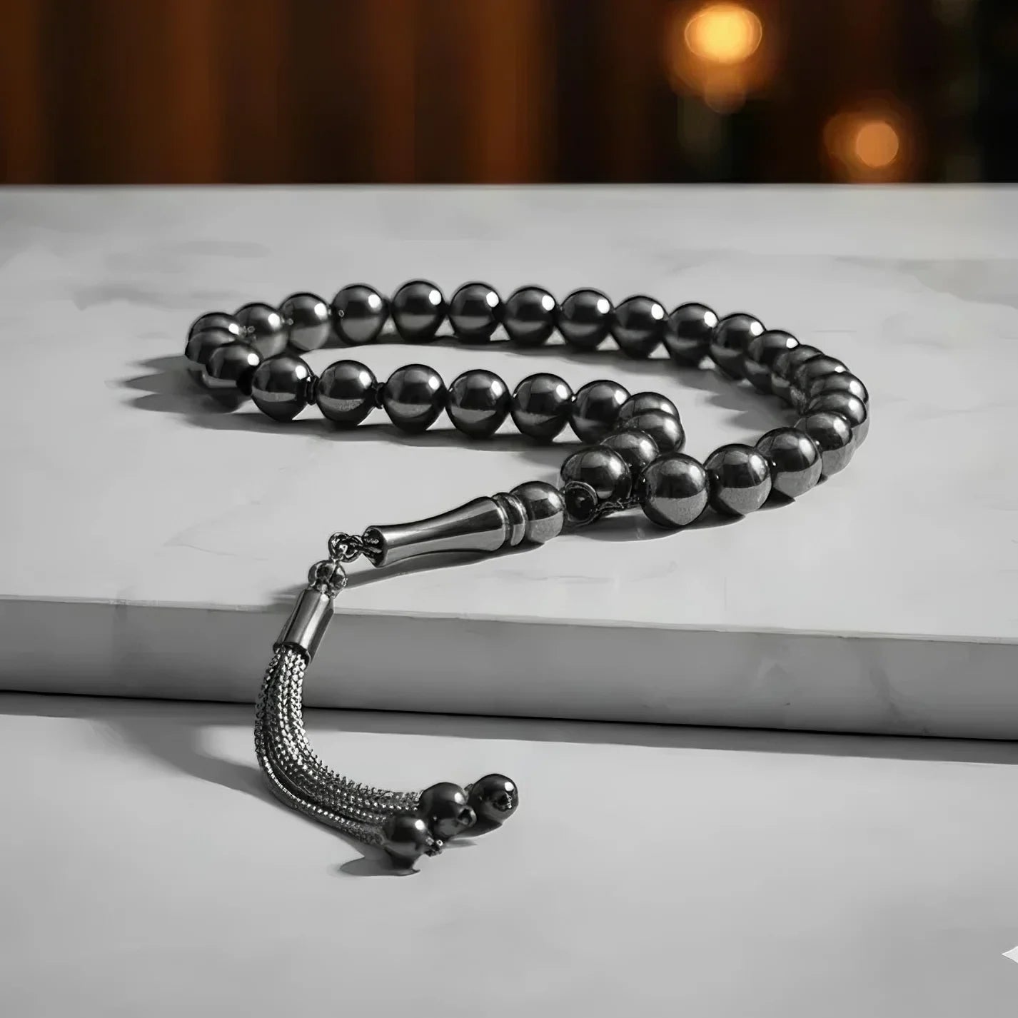 سبحه من الهيماتايت الطبيعي الأصلي بلون الفضه  - كود 138