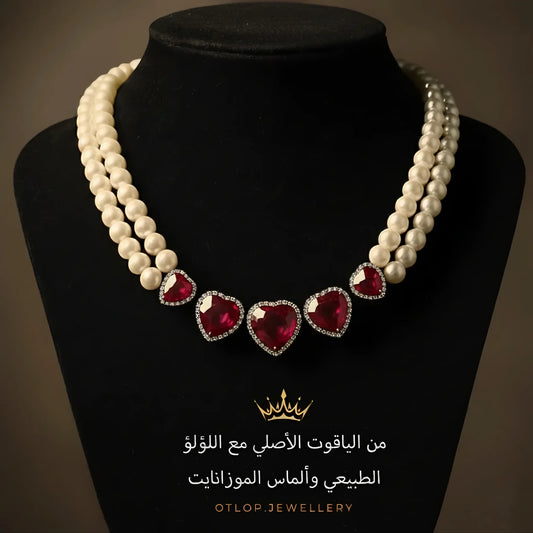 عقدمن اللؤلؤ الطبيعي مع الياقوت الأصلي مع الألماس الحر أو ألماس الموزانايت - كود 4654