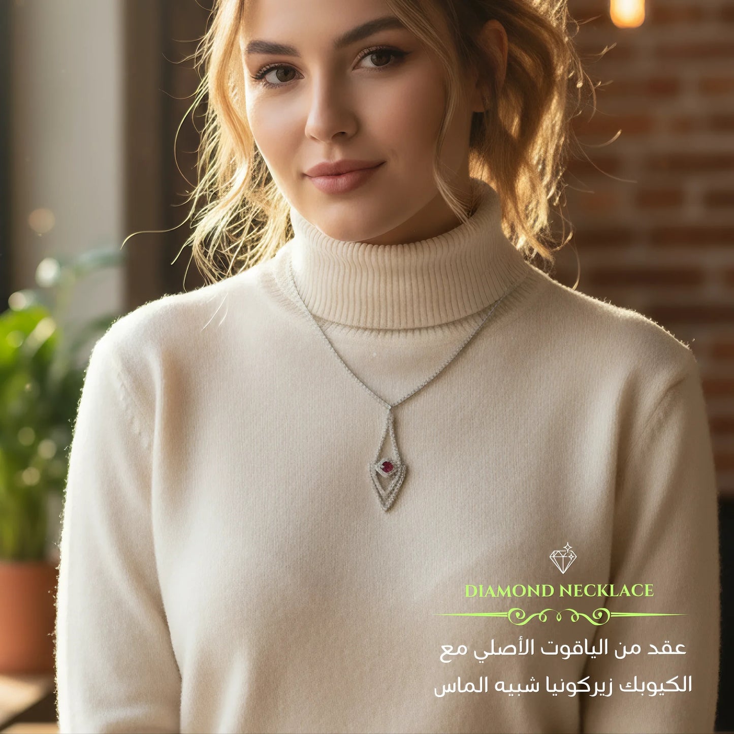 عقد من  الياقوت الأصلي مع الكيوبك زيركونيا الأصلي شبيه الماس مع الفضه المطليه بالذهب الأبيض - كود 0798