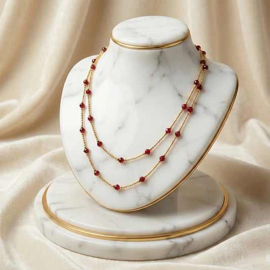 سلسلةمن الجارنيت الأحمر مع الفضة الإسترليني المطلية بالذهب، مجوهرات يدوية- كود 8910