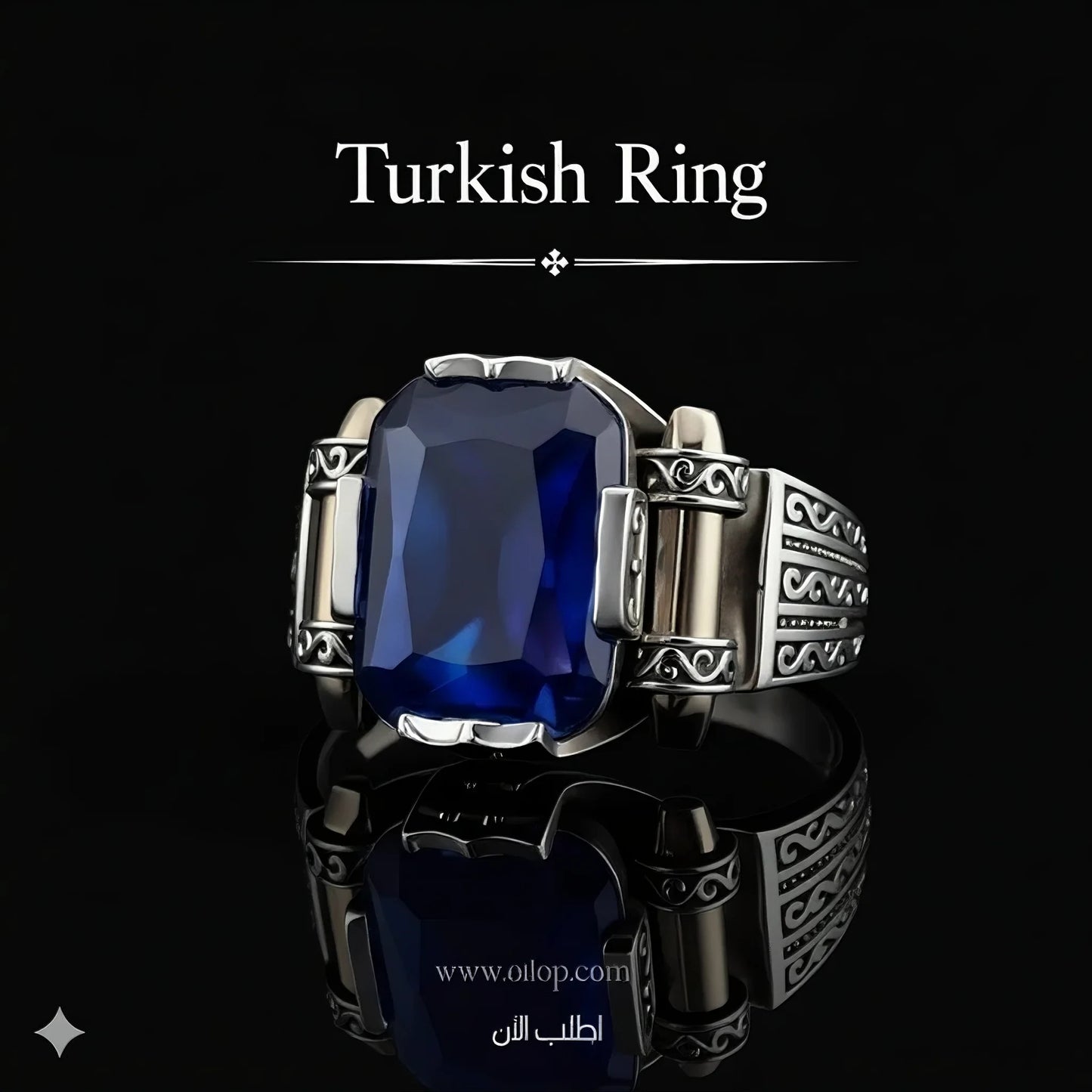 خاتم رجالي تركي يدوي ، فضة عيار 925 بحجر زفير أزرق كبير ، هدية فاخرة ، مجوهرات راقية- كود 986