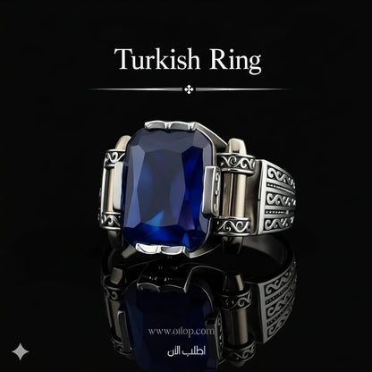 خاتم رجالي تركي يدوي ، فضة عيار 925 بحجر زفير أزرق كبير ، هدية فاخرة ، مجوهرات راقية- كود 986