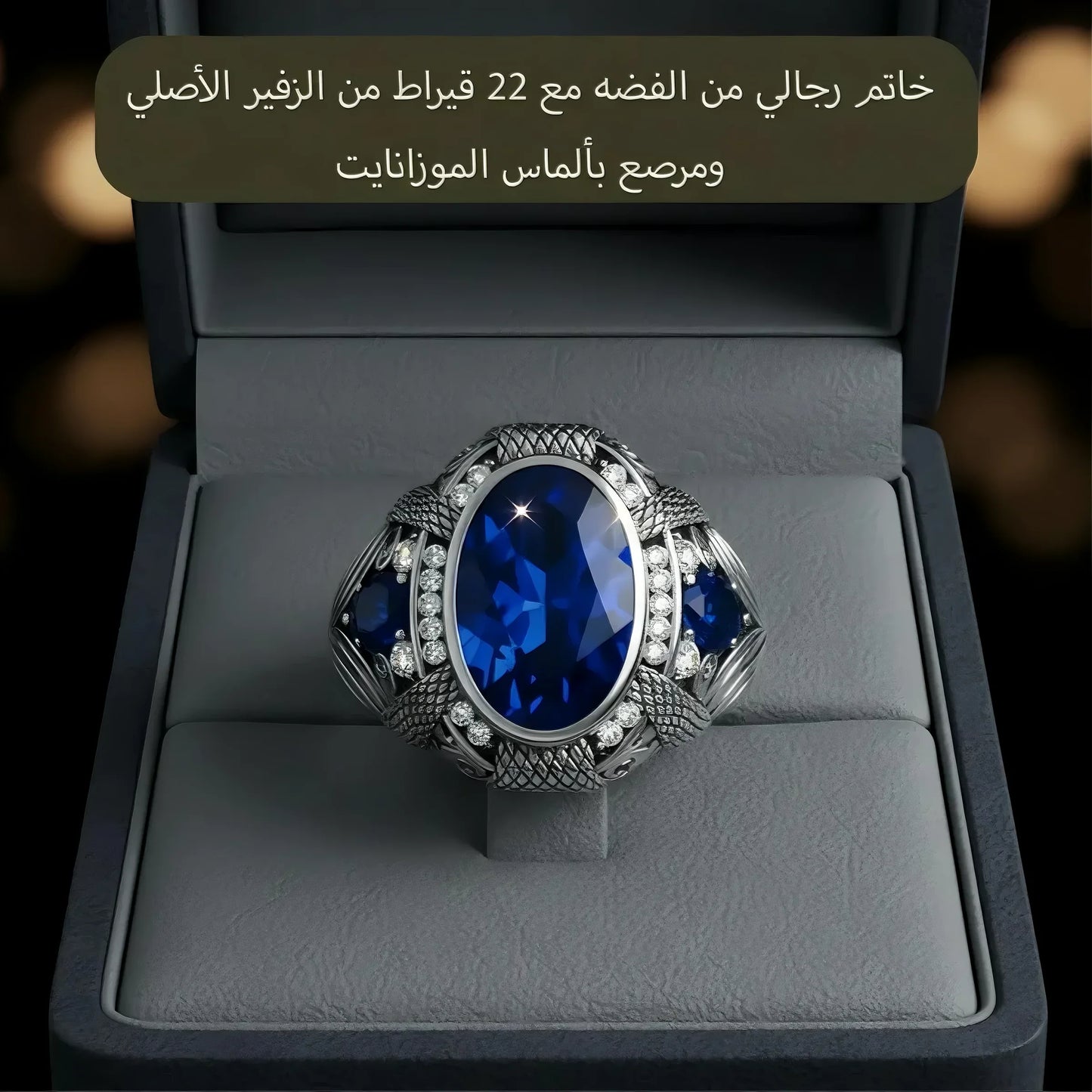 خاتم رجالي من ألماس موزانايت مع حجر من الزفير الأزرق الملكي، للرجال ، هدية فاخرة ، مجوهرات راقية- كود 9180 (Copy)