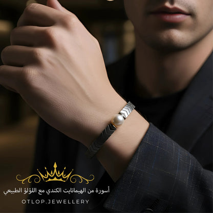 أسورة طاقة من الهيماتايت الطبيعي ، مع اللؤلؤ الأصلي ،  للرجال ، للنساء،  هدية قيمة ، مجوهرات يدوية فاخرة - كود 9999 (Copy)