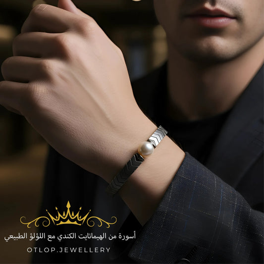 أسورة طاقة من الهيماتايت الطبيعي ، مع اللؤلؤ الأصلي ،  للرجال ، للنساء،  هدية قيمة ، مجوهرات يدوية فاخرة - كود 9999 (Copy)