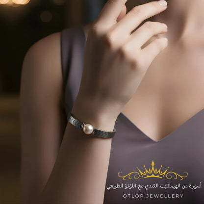 أسورة طاقة من الهيماتايت الطبيعي ، مع اللؤلؤ الأصلي ،  للرجال ، للنساء،  هدية قيمة ، مجوهرات يدوية فاخرة - كود 9999 (Copy)