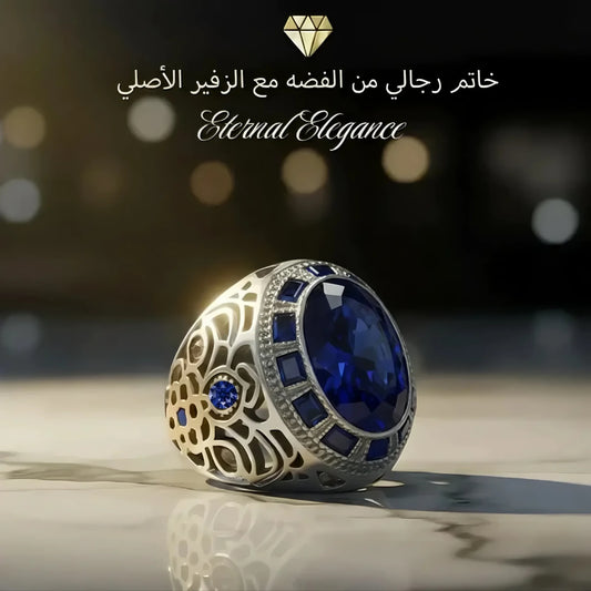 خاتم فضه مطلي بالذهب الأبيض مع 14 قيراط من الزفير الأصلي ، للرجال ، هدية فاخرة ، مجوهرات راقية- كود  8981