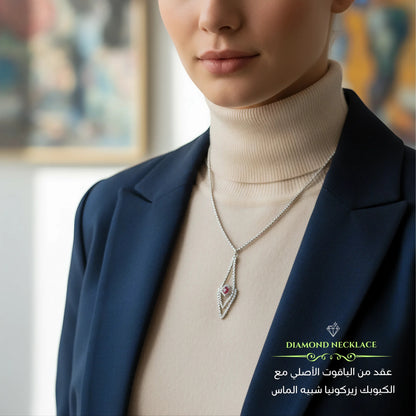 عقد من  الياقوت الأصلي مع الكيوبك زيركونيا الأصلي شبيه الماس مع الفضه المطليه بالذهب الأبيض - كود 0798