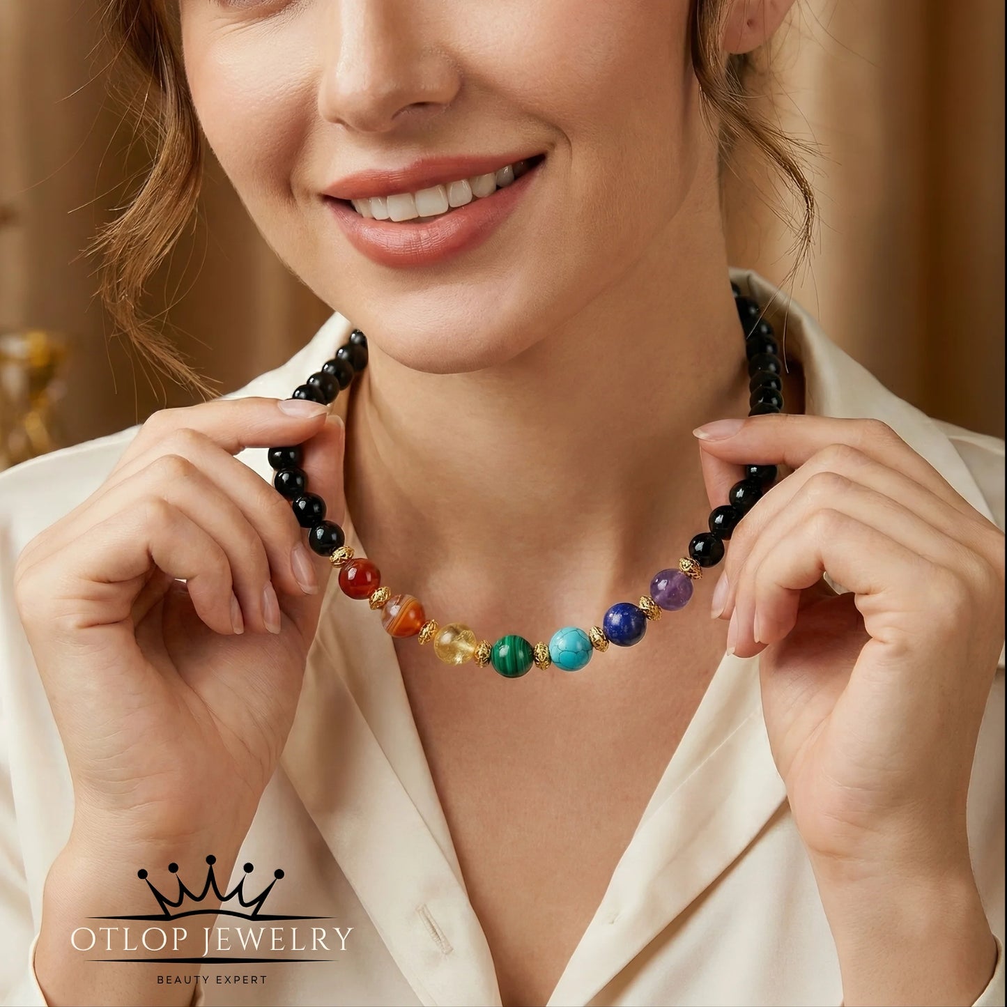 عقد الشاكرات السبع للجنسين من الحجر الكريم الأصلي وبضمان سنه - كود 6990