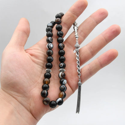 سبحه من العقيق السليماني الاسود المجزع مع الفضه أو الاستانلس - كود 1300