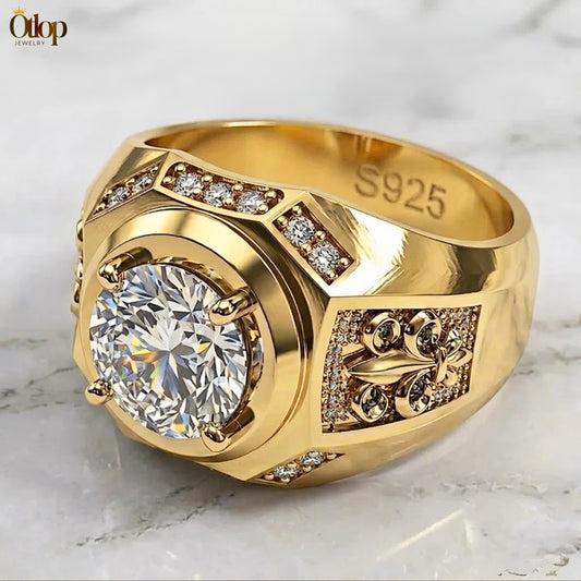 خاتم رجالي مرصع بألماس حر تصميم كلاسيكي / مطلي بالذهب - كود 70902201