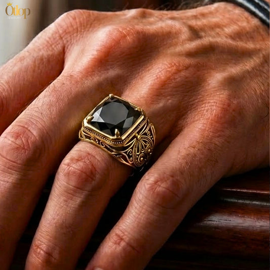 خاتم رجالي فضة 925 مطلية بالذهب مع عقيق الاونكس - كود 660027